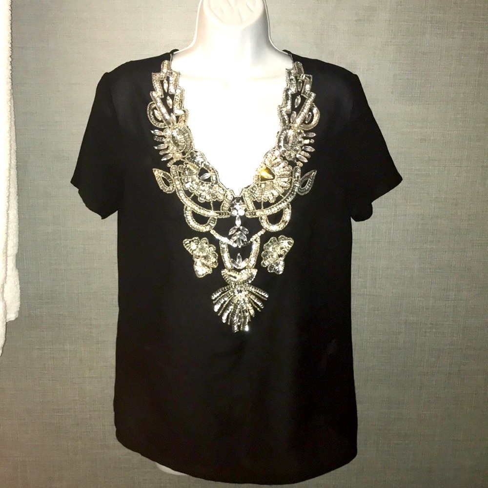 BPC Selection size 8 embellished silver embroidered top sheer